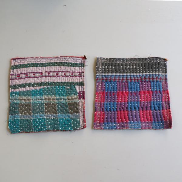 コースター12cm ２枚組　カンタ刺繍 インド刺し子ヴィンテージカンタ