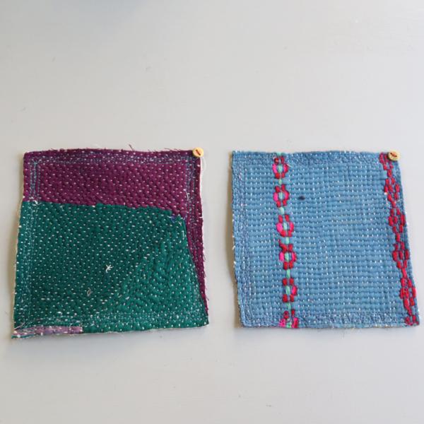 コースター12cm ２枚組　カンタ刺繍 インド刺し子ヴィンテージカンタ