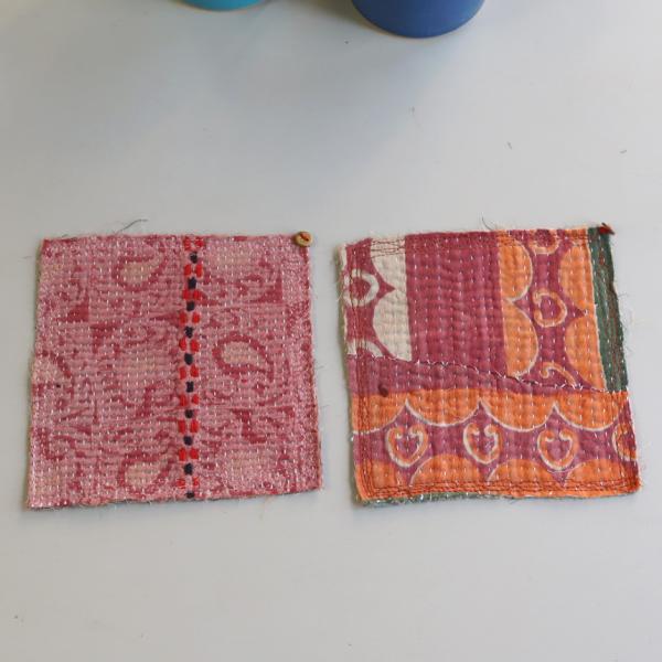 コースター12cm ２枚組　カンタ刺繍 インド刺し子ヴィンテージカンタ