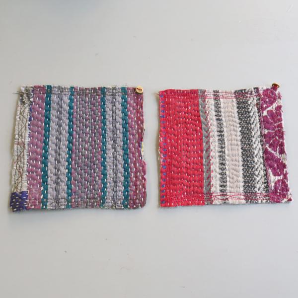 コースター12cm ２枚組　カンタ刺繍 インド刺し子ヴィンテージカンタ