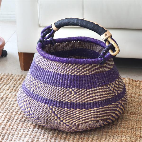 かごバスケット ポットバスケット 直径43cm 羊皮の持ち手 パープル　ボーダー 【現品】