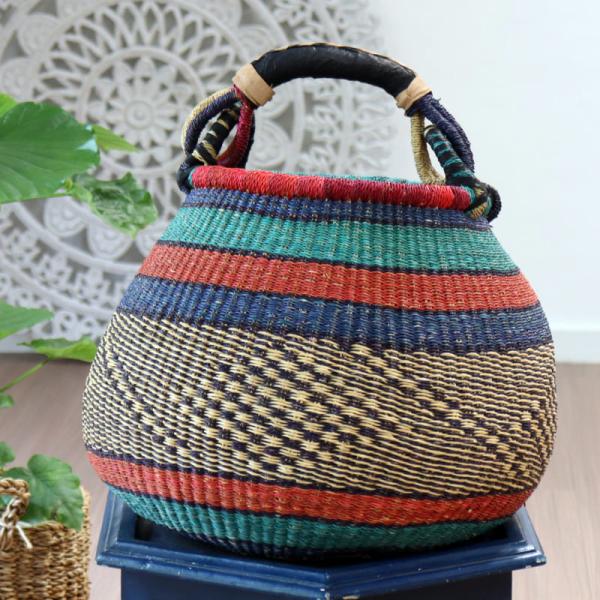 かごバスケット ポットバスケット 直径42cm 羊皮の持ち手グリーン＆レッド＆ブルー 【現品】