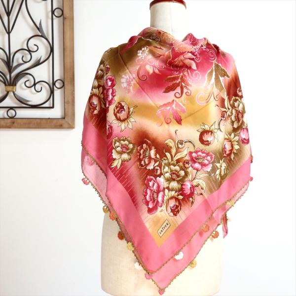 コットンスカーフ スクエア　トルコ伝統のオヤスカーフ花の縁飾り　レース編みのトゥオヤ