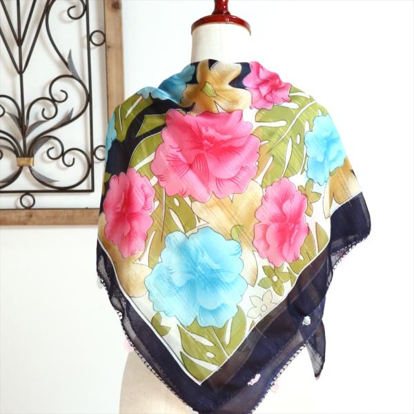 コットンスカーフ スクエア　トルコ伝統のオヤスカーフ花の縁飾り　レース編みのトゥオヤ　ネイビーブルー