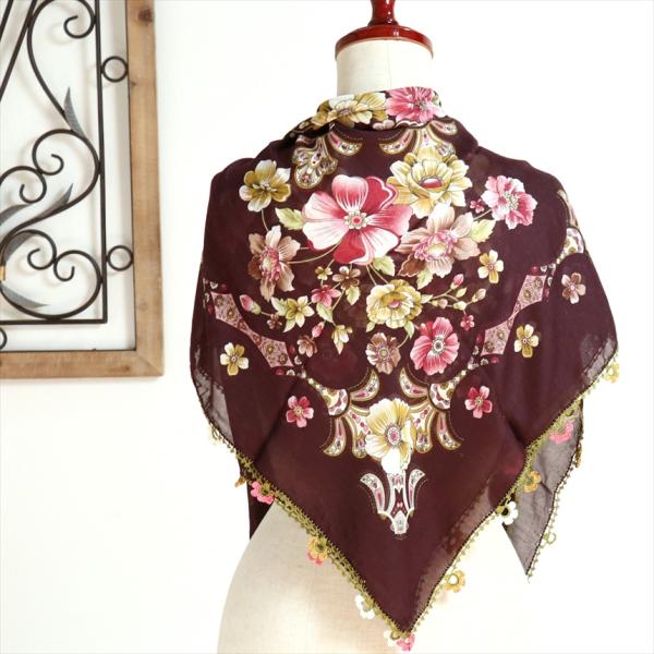 コットンスカーフ スクエア　トルコ伝統のオヤスカーフ花の縁飾り　レース編みのトゥオヤ