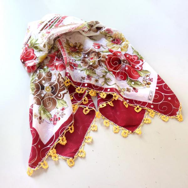 オヤスカーフ ヤズマ　正方形　トルコレース編みトゥオヤ　花のモチーフ　レンガ色【変形サイズ】