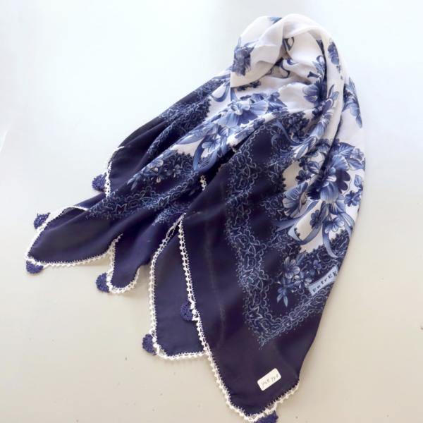 オヤスカーフ ヤズマ　正方形　トルコレース編みトゥオヤ　花のモチーフ　ネイビーブルー
