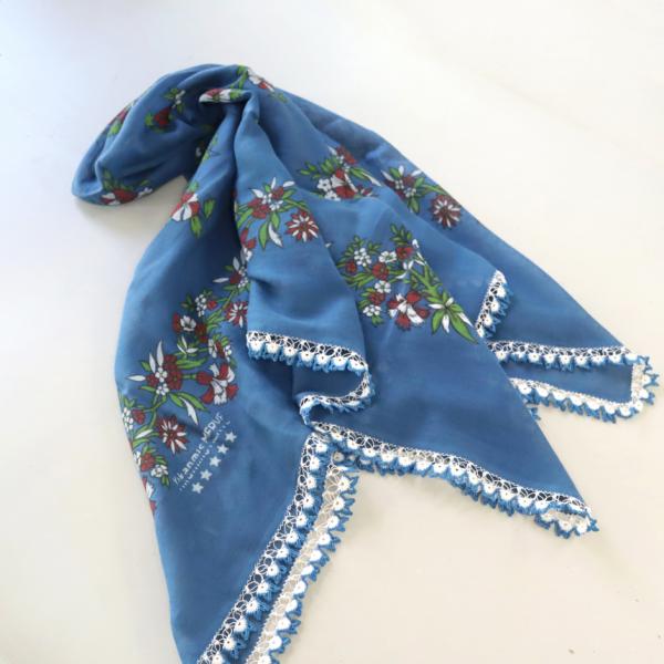 オヤスカーフ ヤズマ　正方形　トルコレース編みトゥオヤ　花のモチーフ　ブルー