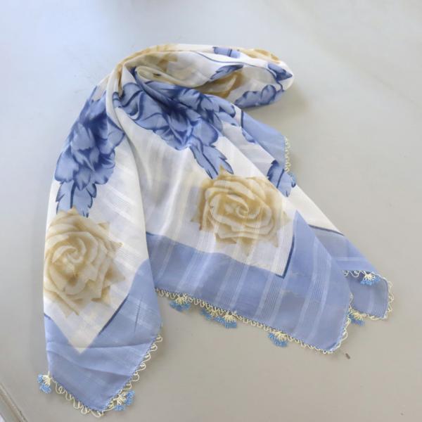 オヤスカーフ ヤズマ　正方形　トルコレース編みイーネオヤ　繊細なモチーフ　サックスブルー