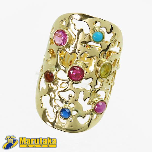【K18 マルチストーン 幅広リング】約10.6g 16.5号 18金イエローゴールド 合成石 透か...