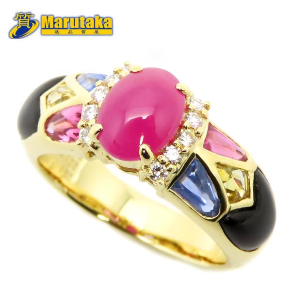 K18 ルビー 1.65ct サファイヤ 1.25ct ブラックカルセドニー 1.50ct ダイヤモ...