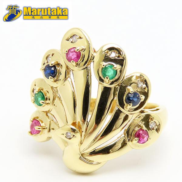 クジャク モチーフ ダイヤ ルビー サファイア エメラルド イエローゴールドリング 鑑別書 孔雀 逸...
