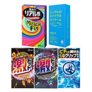 変わりだねコンドーム4点セット スクイーズ ミラクルフィット 激ドット ホット ロングプレイ G