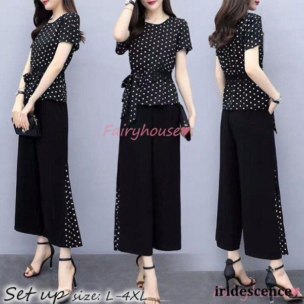 セットアップ レディース 40代 春夏 半袖セットアップ通勤 ドット柄tシャツ リボン ワイドパンツ...
