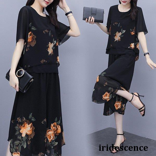 セットアップ レディース 夏 40代 20代 コーデ カジュアル ブラウス 半袖 花柄 ガウチョパン...