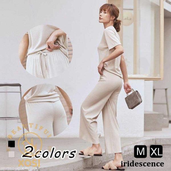 セットアップ レディース 40代 春 夏 半袖 ブラウス シャツ パンツスーツ ワイドパンツ 上下セ...