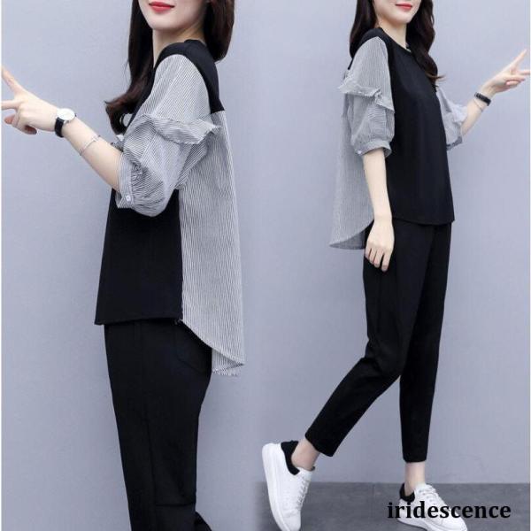 セットアップ レディース カジュアル  ブラウス パンツ ストライプ ブラック 通勤 大きいサイズ ...