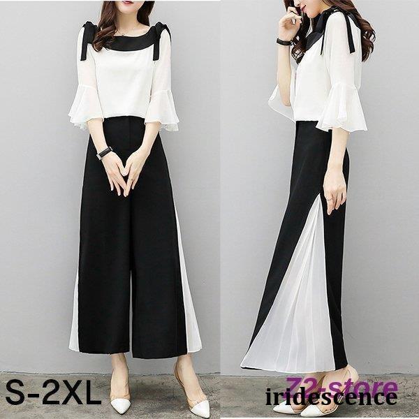 セットアップ レディース 夏 パンツスーツ 40代 ワイドパンツ カジュアル シフォン 2点セット ...