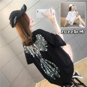 tシャツレディース半袖夏大きいサイズビッグTシャツチュニック鳳凰柄カットソーロンティーラインストーン｜iridescence