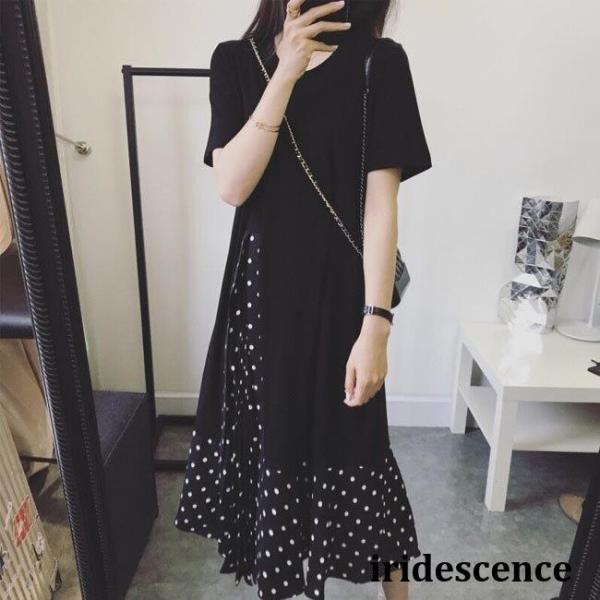 半袖ワンピース レディース ロングワンピ 水玉柄 プリーツワンピース 夏 ワンピース ロング丈 偽二...