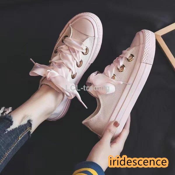 スニーカー レディース　キャンパス　レースアップ リボン 靴 フラットヒール　スニーカー 白 滑り止...