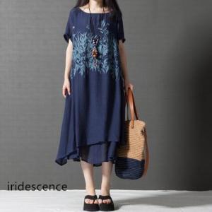 ワンピース コットンリネン ロングワンピース 綿麻混 半袖 ロング丈ワンピース 体型カバー 大きいサ...