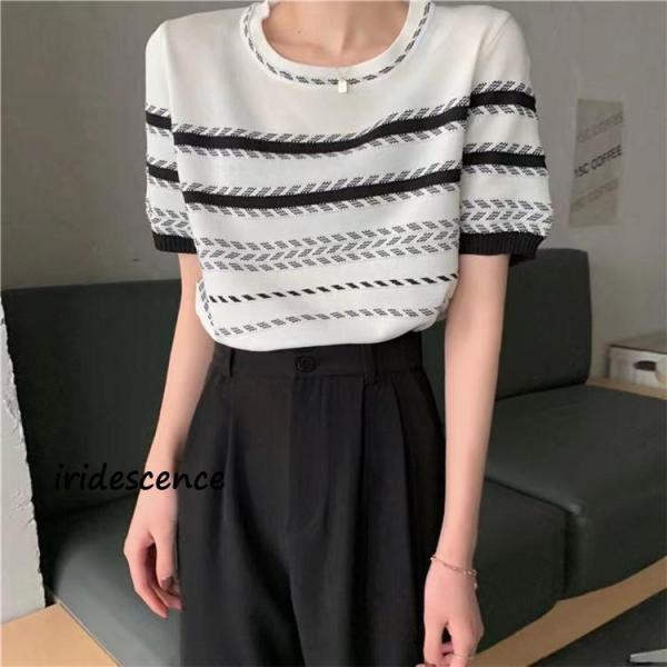 サマーニット レディース 半袖ニット インナー ボーダー柄 クルーネック 配色 涼しい ゆったり 着...