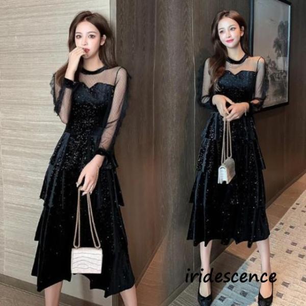 レディースファッション パーティードレス 結婚式 ドレス お呼ばれ ドレス 黒 韓国 袖あり 長袖 ...