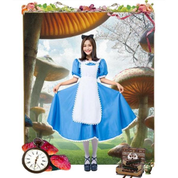 メイド コスプレ レディース アリス 不思議の国 仮装 衣装 大人 ミモレ丈ドレス アリス コスチュ...