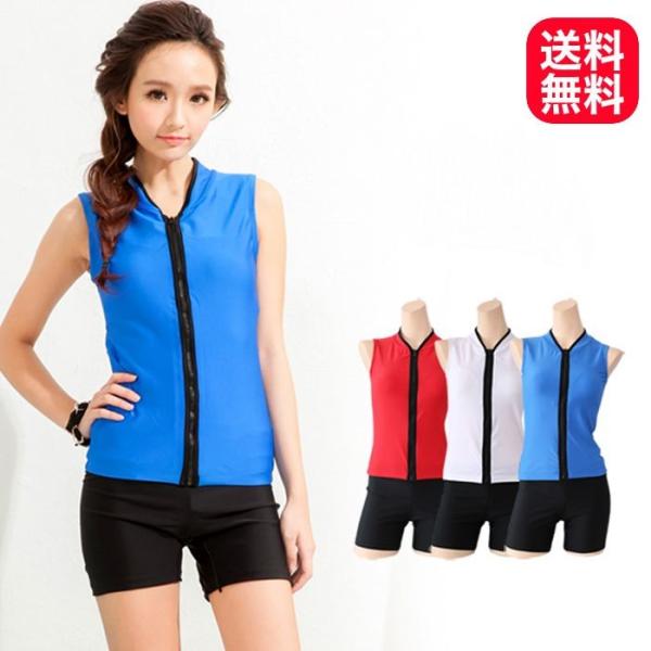 水着 タンキニ フィットネス スイミング ジム ノースリーブ ショートパンツ 短パン ブルー レッド...