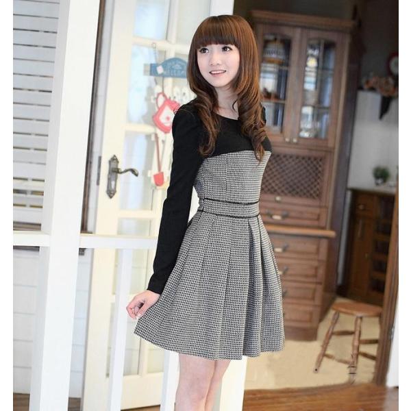 ワンピース 長袖 レディース ドルマン スリーブ ミニ 丈 ハイウエスト 切り替え 千鳥柄 送料無料