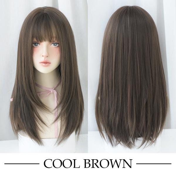 クールブラウン ゴールドブラウン ストレート ロング フルウィッグ 前髪あり 自然 ナチュラル かわ...