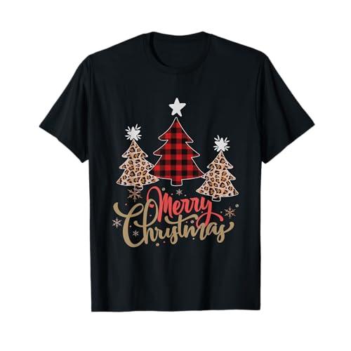 レディース ヒョウ柄プレイド クリスマスツリー メリークリスマス Tシャツ