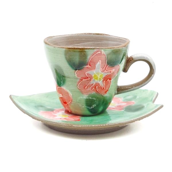 美濃焼 コーヒーカップ 花音 グリーン おしゃれ カップ＆ソーサー 緑 ピンク 花 葉 陶器 和食器...