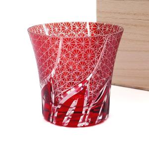 木箱付 工芸品 ガラス細工 切子グラス 日本酒 冷酒 七宝 文様 赤色