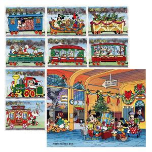 ディズニー　ミッキー　ドナルド　切手/小型シート1枚＆切手8枚（クリスマストレイン）　発行国Saint Vincent　1988年発行　新品｜is-club