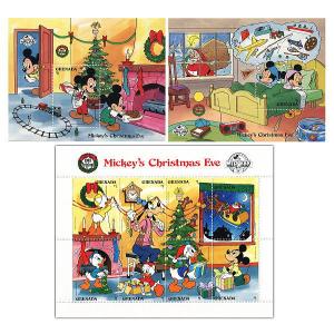 ディズニー　ミッキー　ドナルド　切手/小型シート2枚＆切手8枚1シート（ミッキーのクリスマスイヴ）　発行国Granada　1988年発行　新品｜is-club