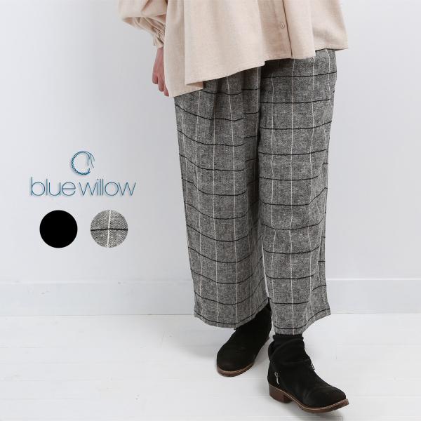 blue willow コットンリネン太番手ヘリンボーンタックワイドパンツ レディース ブルーウィロ...