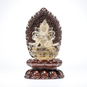 水晶 彫刻 観音様 （天然シトリン） 木製台付 No.76