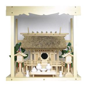 神棚 茅葺一社宮 A型 中（K-8）+神具セット（フル・中）+神棚板+雲板（中）のセット｜ise-miyachu
