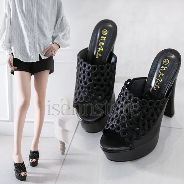 13.5ｃｍ超ハイヒール サンダル ミュール レディース 春夏 オープントゥ 太ヒール 美脚 プラッ...