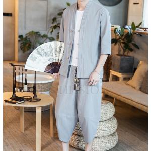 綿麻上下セット メンズ 五分袖 羽織りトップス...の詳細画像5