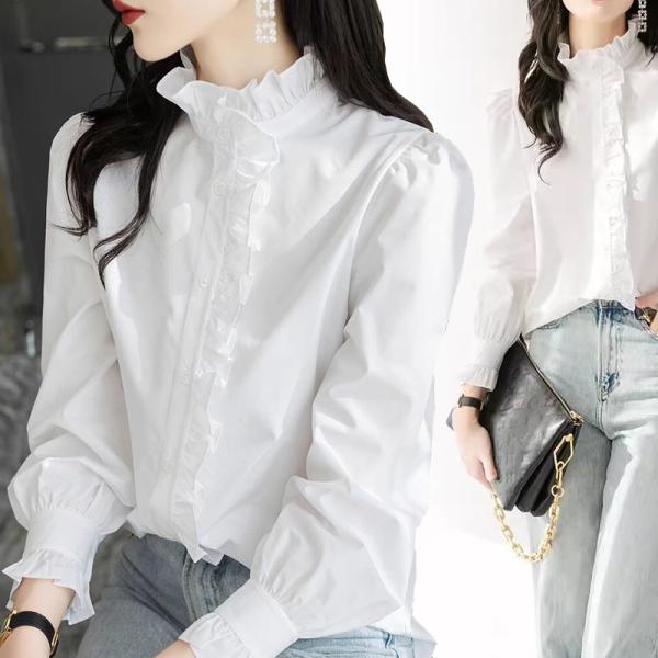 フリルブラウス 長袖 レディース 立ち襟 シャツブラウス コットン ハイネック 長袖 オフィスカジュ...