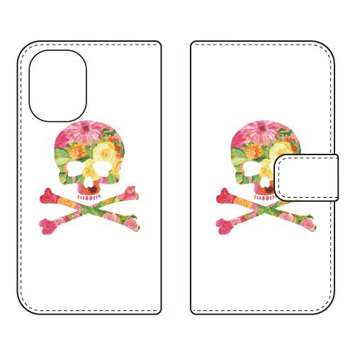 手帳型スマホケース Flower skull ホワイト (受注生産)  SECOND SKIN iP...