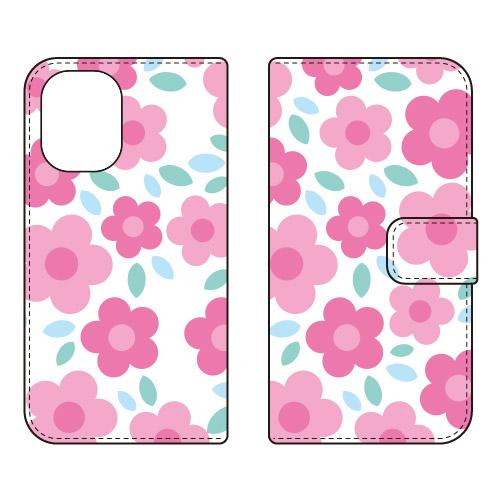 手帳型スマホケース フラワーポップ ホワイト×ピンク (受注生産)  SECOND SKIN iPh...