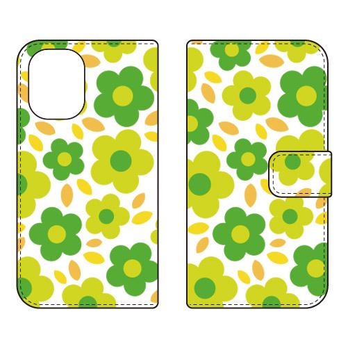 手帳型スマホケース フラワーポップ グリーン (受注生産)  SECOND SKIN iPhone ...