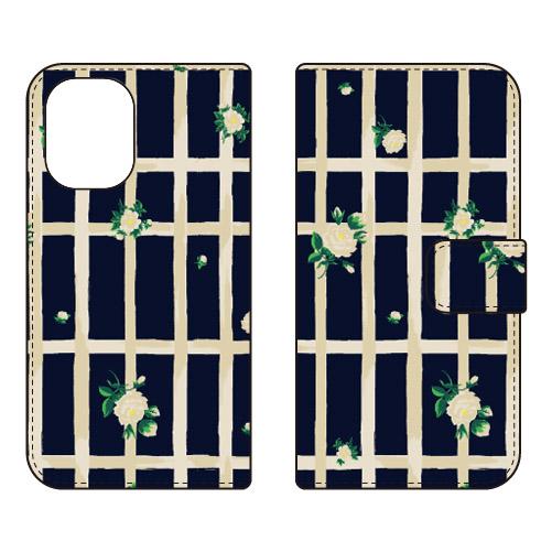 手帳型スマホケース SINDEE Flower Grid （ネイビー） (受注生産)  SECOND...