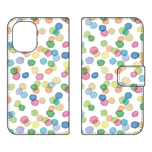 手帳型スマホケース Cf LTD 水彩 水玉模様 小 ピンク×ブルー×グリーン スマホケース (受注...