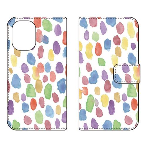 手帳型スマホケース Cf LTD 水彩 水玉模様 中 パープル×イエロー×ブルー スマホケース (受...