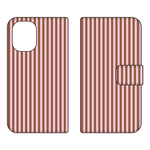 手帳型スマホケース ストライプ ピンク＆ブラウン Coverfull (受注生産) iPhone 1...